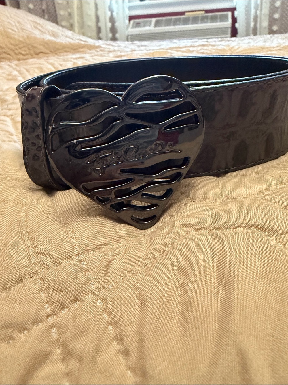 Roberto Cavalli Black Heart Buckle Leather Belt